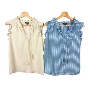 Lot of 2 Ninety Clothing Co Striped Ruffle Sleeve VNeck Tassel Tie Blouse Womens